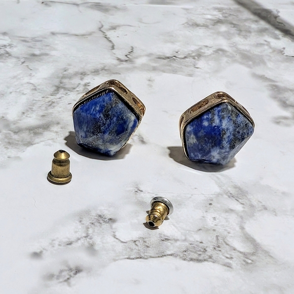 Lapis Lazuli Hexagon Stone and Brass Earrings - Picture 5 of 6